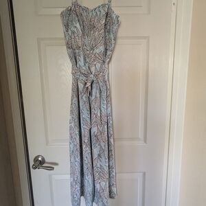 H&M | Light Blue Leaf-Print Sleeveless Wide Leg Jumpsuit with Waist Tie | Size 4